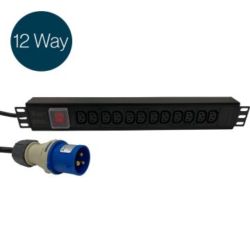 Ultima IEC PDU 12 Way Horizontal Switched 16A BS4343 Plug (Commando) 12x C13 Black (L)490mm Cord 3m