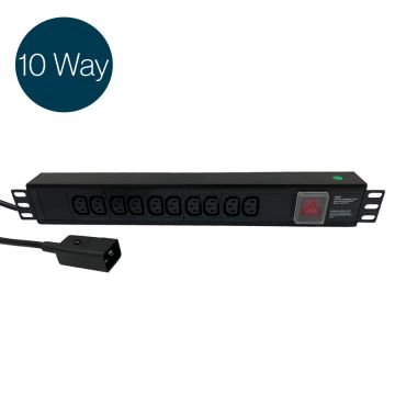 Ultima IEC PDU 10 Way Horizontal Switched C20 Plug 10x C13 Black (L)490mm Cord 3m