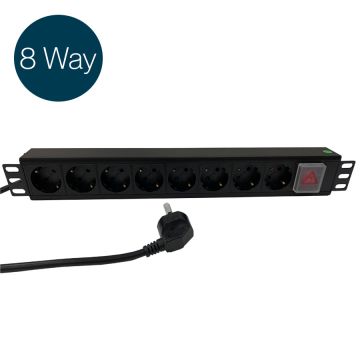 Ultima PDU 8 Way Horizontal Switched Schuko Plug CEE 7/7 Schuko CEE 7/3 Black (L)490mm Cord 3m