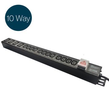Ultima Hybrid PDU 10 Way Vertical Neon Indicator 32A BS4343 Plug (Commando) 8x C13 2x C19 Black Cord 3m