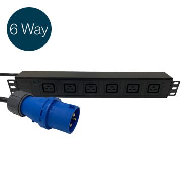 Ultima IEC PDU 6 Way Horizontal Neon Indicator 32A BS4343 Plug (Commando) IEC C19 Socket Black (L)490mm Cord 3m