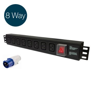 Ultima IEC PDU 8 Way Horizontal Switched 16A BS4343 Plug (Commando) 8x C19 Black (L)490mm Cord 3m