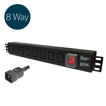 Ultima IEC PDU 8 Way Horizontal Switched C20 Plug 8x C19 Black (L)490mm Cord 3m