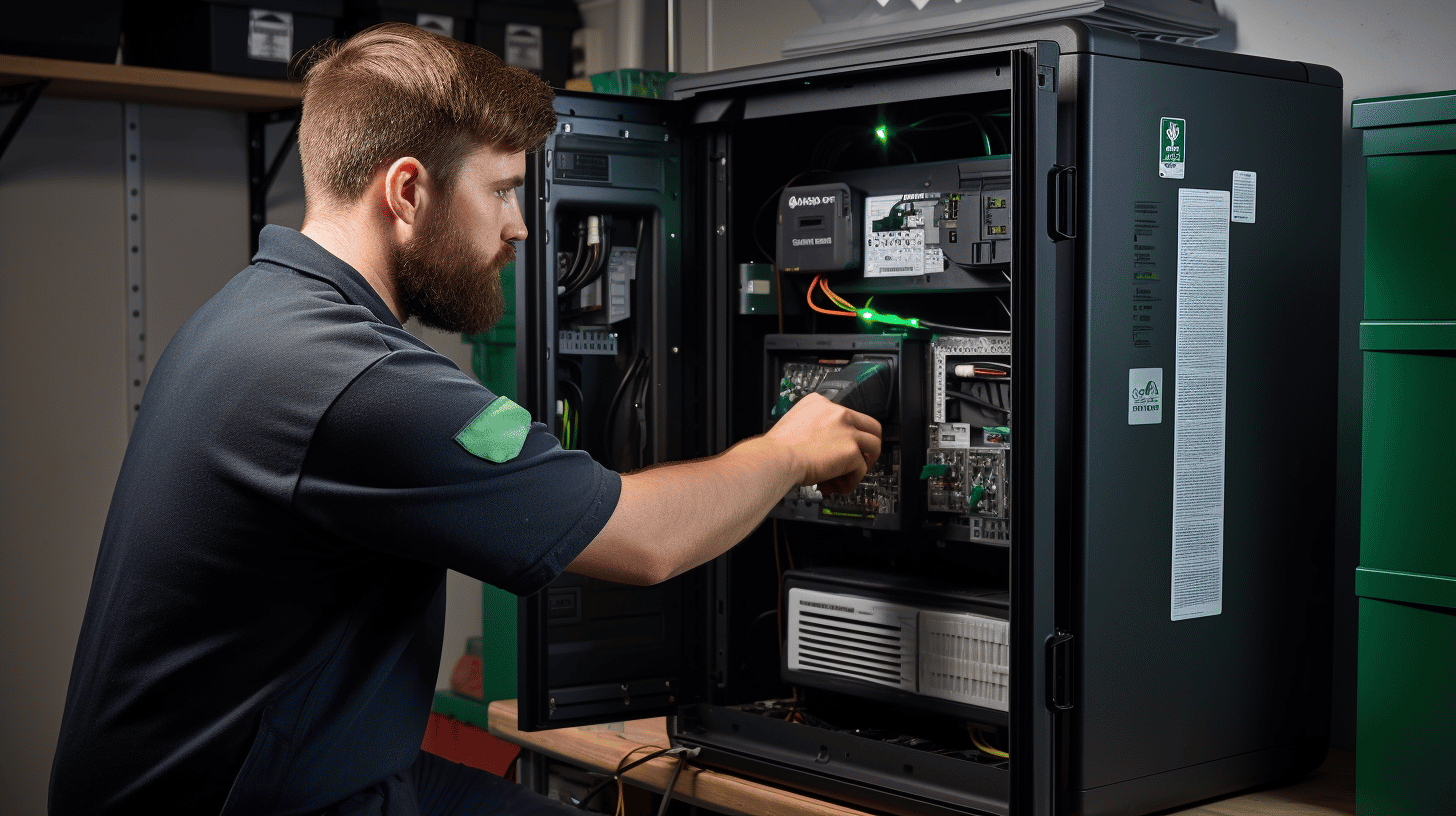 Picture of a man looking at the internal of UPS system